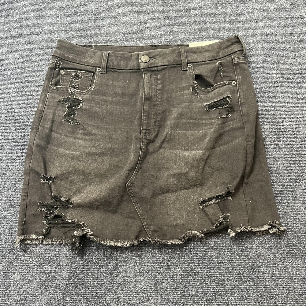 American Eagle Skirt Womens 18 34W Black Curvy Hi Rise Mini Denim Distressed